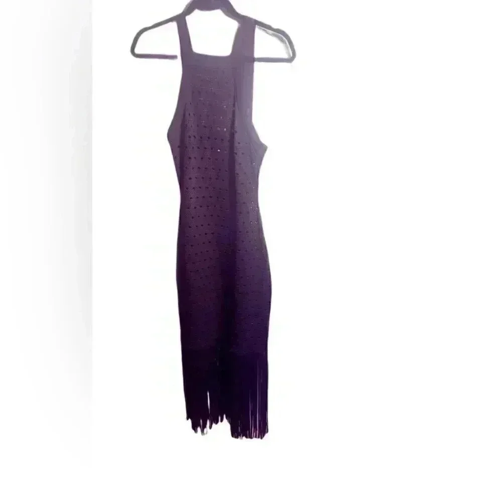 Sandro Black Fringe Hem Maxi Dress | Sleeveless High Neck 38 - Picture 2 of 6